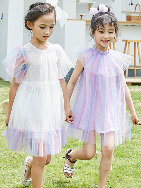 芘芘仔童装品牌2020春夏紫色荷叶边网纱连衣裙