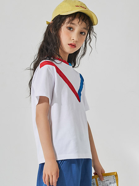 季季乐童装品牌2020春夏红蓝深V白色T恤