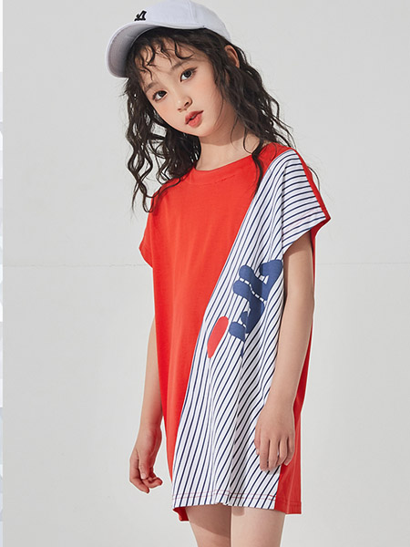 季季乐童装品牌2020春夏斜纹红不对称连衣裙长款T恤