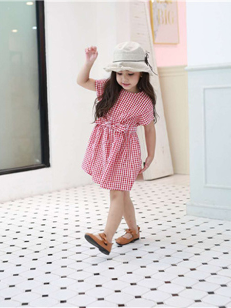 童装品牌2020春夏格纹红白格纹连衣裙
