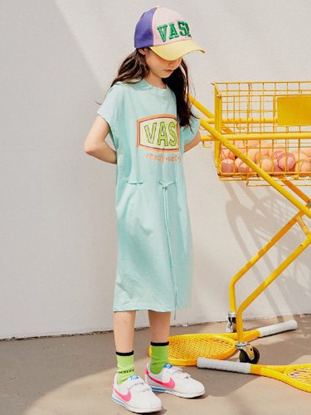 via september童装品牌2020春夏绿蓝色修身连衣裙字母