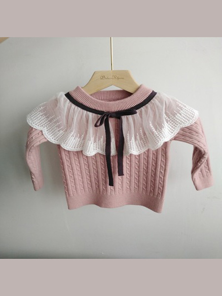 童装品牌2020秋冬韩版婴儿毛衣拼接女童蕾丝打底衫系带儿童针织衫