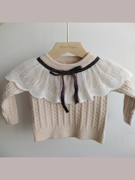 童装品牌2020秋冬韩版婴儿毛衣拼接女童蕾丝打底衫系带儿童针织衫
