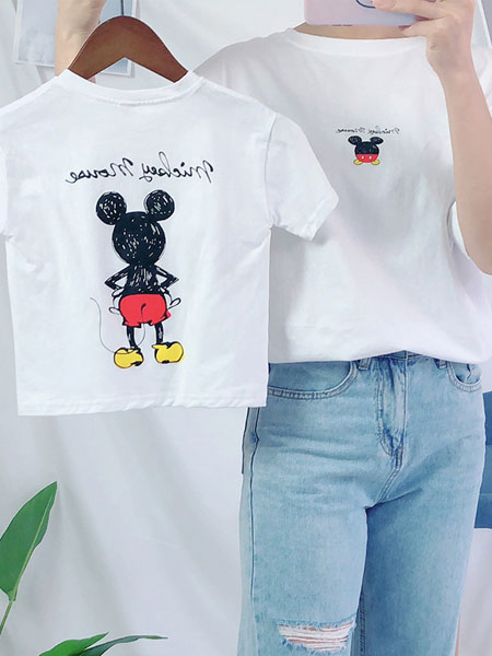 黑尼木木童装品牌2020新款亲子装夏款韩版棉质家庭装卡通米老鼠宽松T恤一件代发