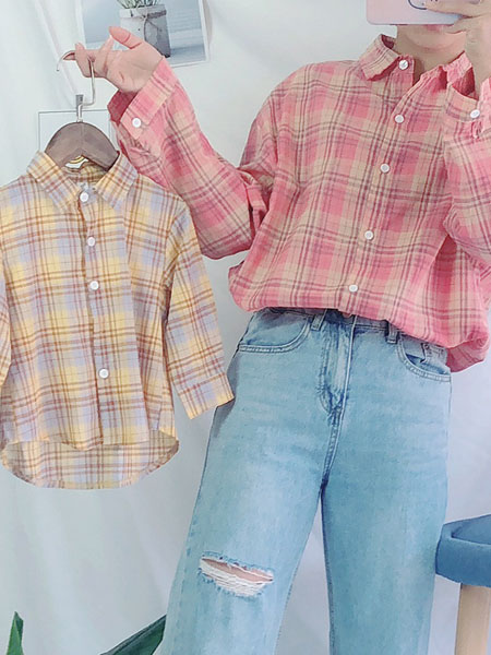 黑尼木木童装品牌2020新款亲子装夏款韩版防晒家庭装轻薄透气浅色格子衬衫一件代发