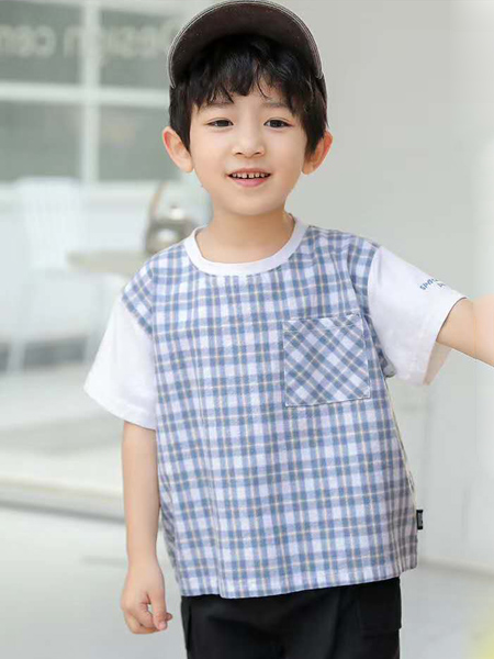 朴与素童装品牌2020春夏格纹灰色白袖T恤