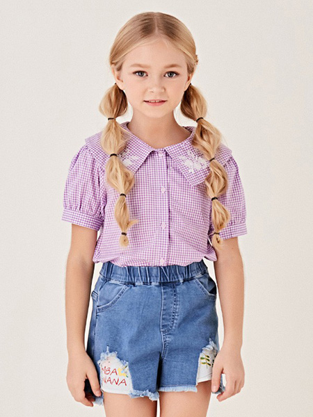 辛巴娜娜童装品牌2020春夏格纹紫色荷叶边橙色