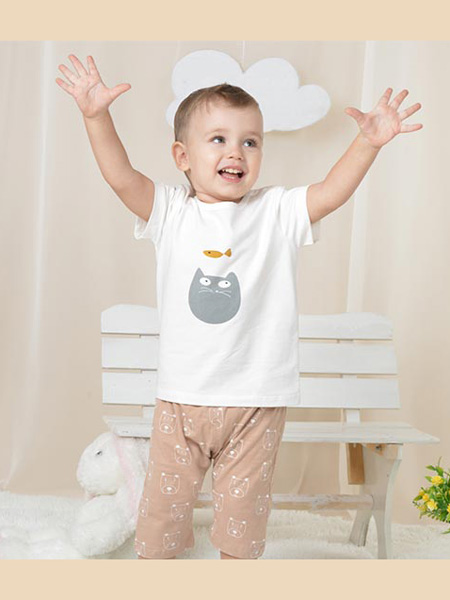 盛凯·安琪童装品牌2020春灰色动物头白色T恤
