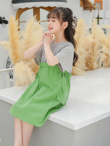 童装品牌童装2020夏装新款韩版女童连衣裙假两件儿童拼色裙子中大童工装裙