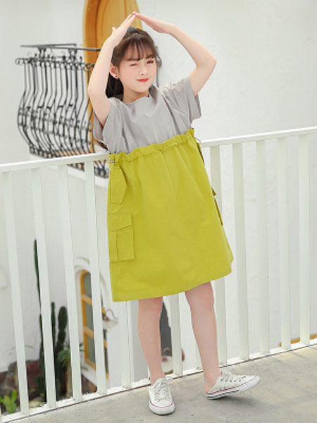巧兜童装品牌童装2020夏装新款韩版女童连衣裙假两件儿童拼色裙子中大童工装裙
