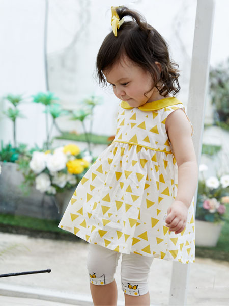 奇宝乐园童装品牌2020春夏娃娃领黄色印花连衣裙