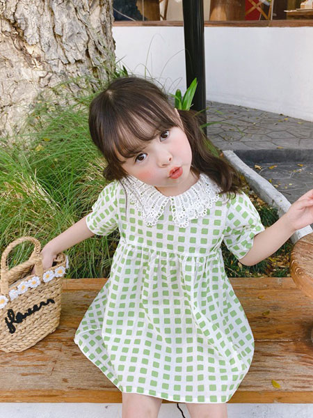 马丘比丘MQBQ童装品牌2020春夏装翻领绿色格纹连衣裙