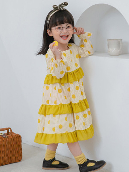 童装品牌2020春夏波点黄色连衣裙