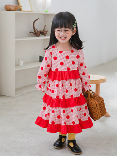 童装品牌2020春夏大波点大红色连衣裙