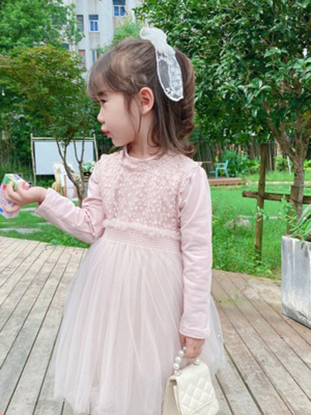 童装品牌2020秋蕾丝粉色网纱连衣裙