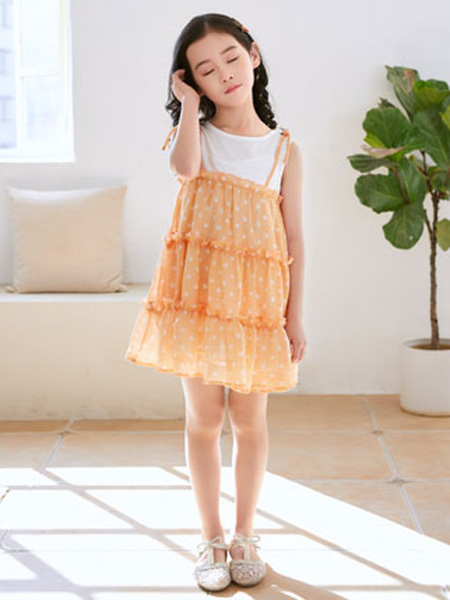 KISSABC童装品牌2020春白色拼接波点橙色连衣裙