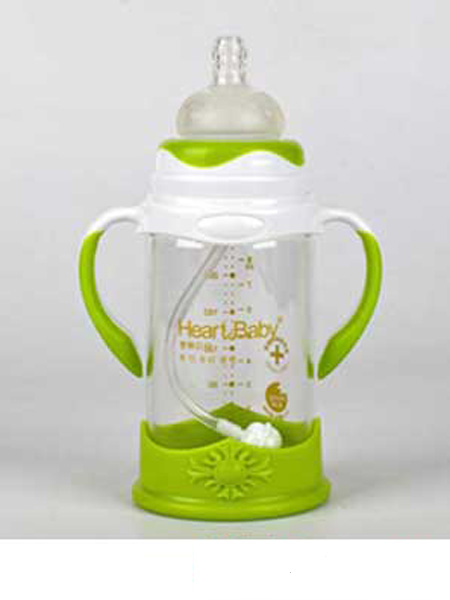 亨特贝贝婴童用品亨特贝贝玻璃防摔奶瓶240ml绿色带手柄