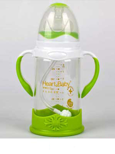 亨特贝贝婴童用品亨特贝贝玻璃防摔奶瓶240ml绿色带盖带手柄
