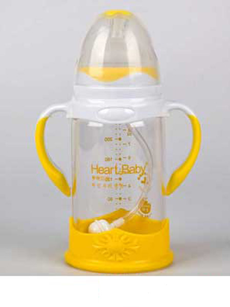 亨特贝贝婴童用品亨特贝贝玻璃防摔奶瓶240ml黄色带盖带手柄
