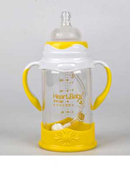 婴童用品玻璃防摔奶瓶240ml黄色带手柄