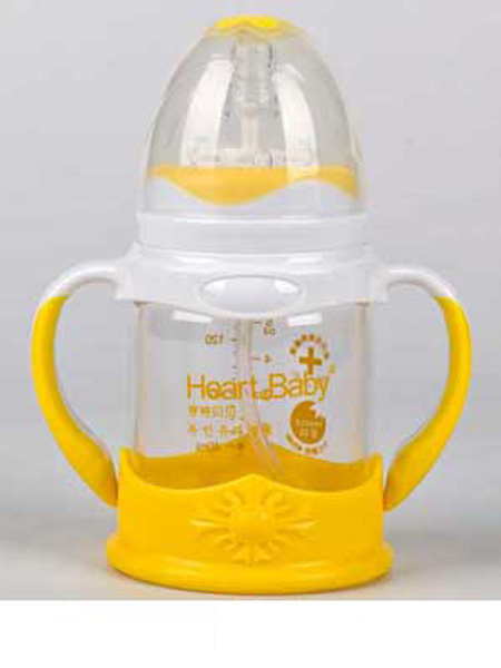 婴童用品玻璃防摔奶瓶140ml黄色带手柄