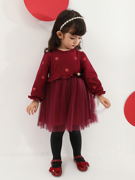 童装品牌2020秋冬红色斑点连衣裙