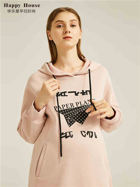 快乐屋HAPPYHOUSE孕妇品牌粉色带帽字母孕妇卫衣
