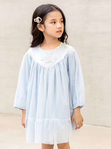 宾果童话童装品牌2020秋冬蓝色长袖连衣裙