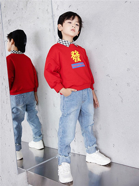 童装品牌2020秋冬红色喜庆立领长袖T恤