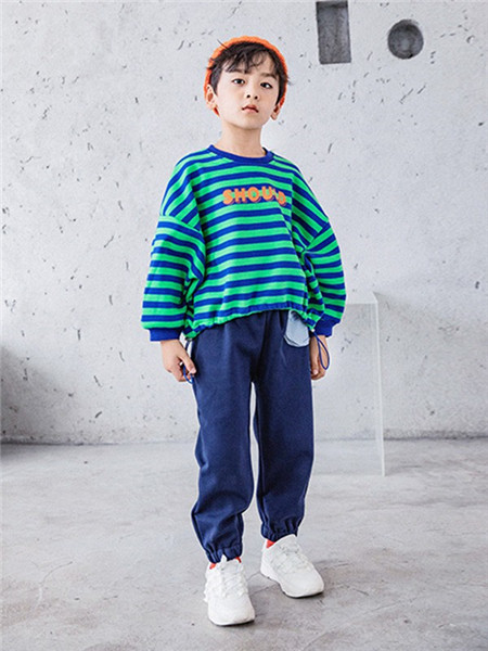 MACMIOCO童装品牌2020秋冬青色字母条纹T恤