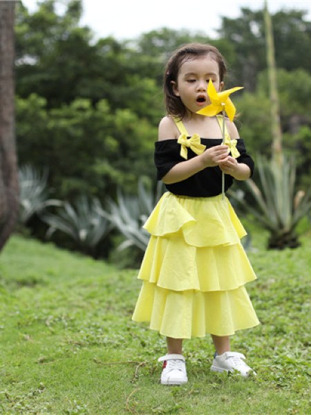 童装品牌2020春夏花边黄色半身裙