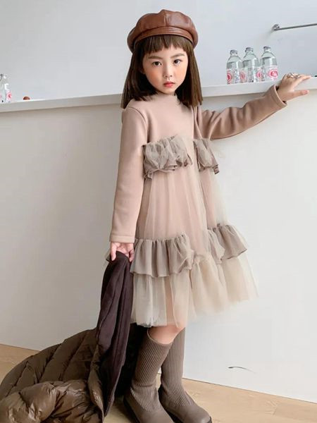 法语，第素童装品牌2020秋冬花边粉色长袖连衣裙