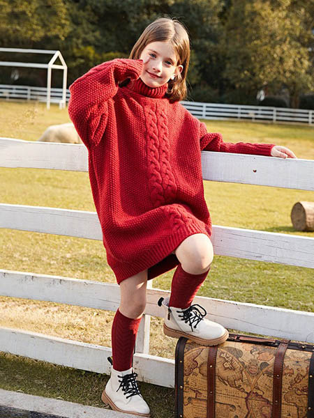 童装品牌2020秋冬长款红色毛衣