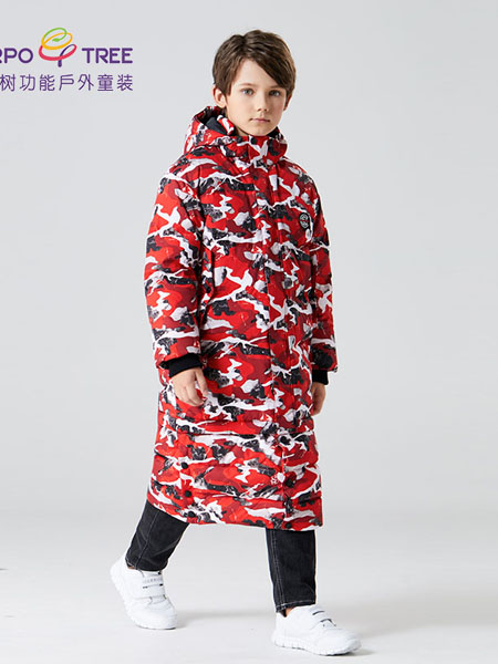 童装品牌2020秋冬红色迷彩带帽长款外套