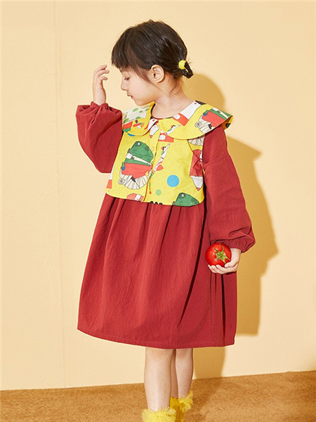 童装品牌2020秋冬红色长袖连衣裙