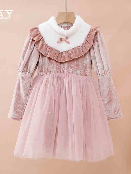 贝贝豆丁童装品牌2020冬季毛领金丝绒粉色连衣裙