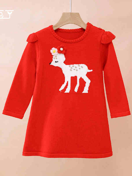贝贝豆丁童装品牌2020冬季红色梅花鹿毛衣裙