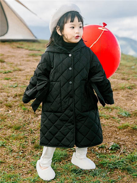 野柿童装品牌2020冬季蝴蝶结简约长款羽绒服外套