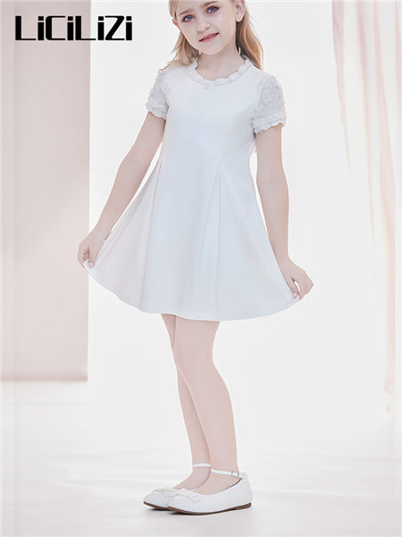 粒子童装品牌2021春夏素色蕾丝花边洋气连衣裙