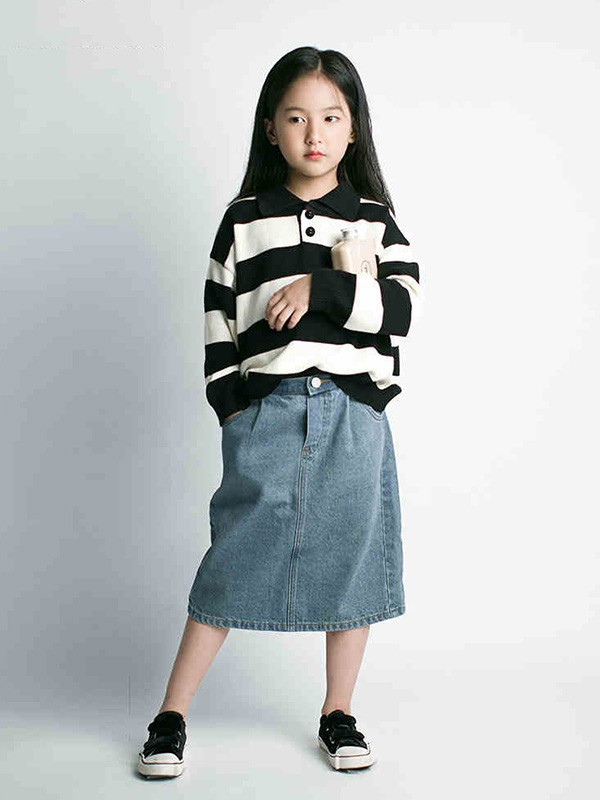 ENHENN CHILDREN’S CLOTHING童装品牌2021秋冬简约黑白横纹方领针织衫