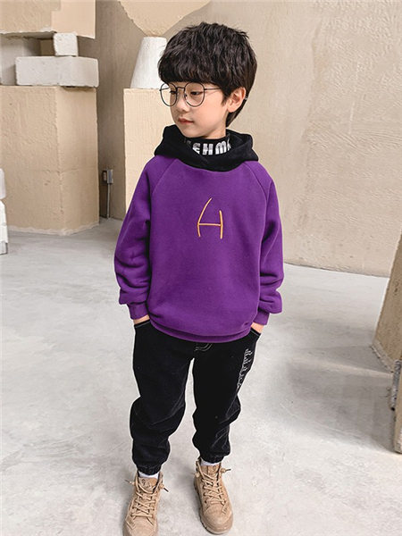 童装品牌2020冬季紫色连帽磨毛卫衣