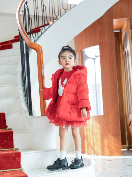 卡儿菲特童装品牌2020冬季红色公主风印花网纱裙