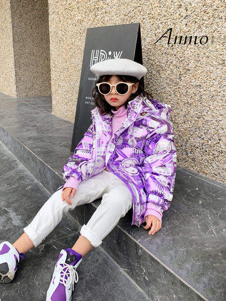 安墨Anmo童装品牌2020冬季紫色连帽保暖羽绒服