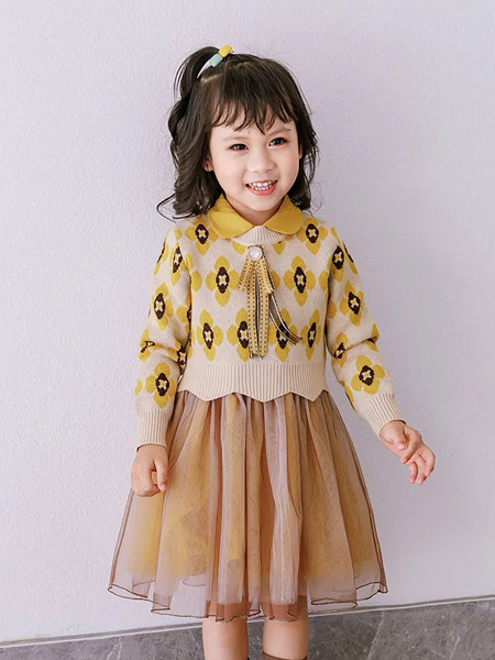早言童装品牌2020冬季黄色可爱色织网纱裙套装