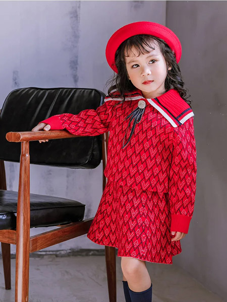 早言童装品牌2020冬季红色韩版学院风潮流连衣裙