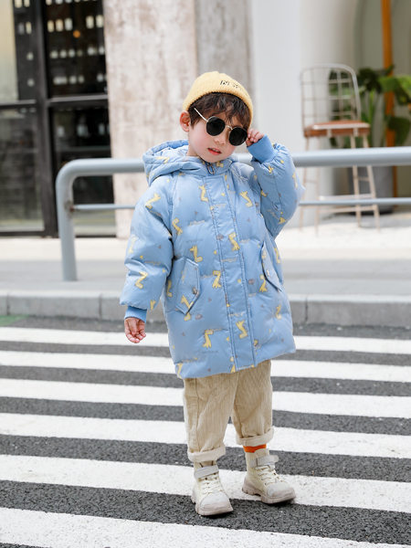 小猪宾果童装品牌2020冬季蓝色连帽斜插袋中长款羽绒服