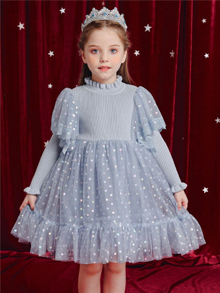 Disney/MarkandSpencer/永丽公主童装品牌2020冬季灰色木耳边微领连衣裙