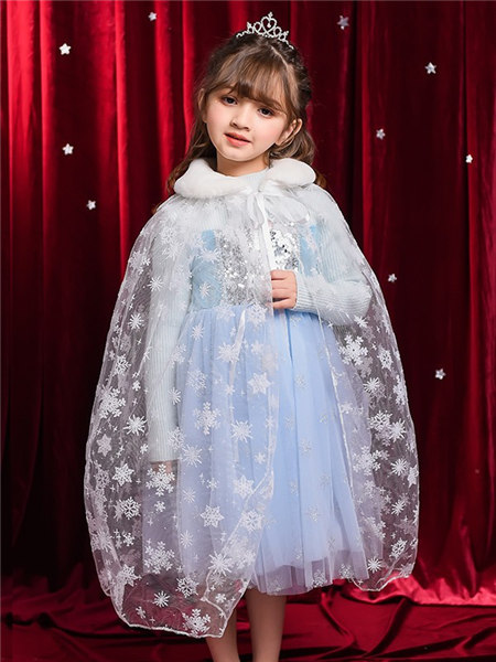童装品牌2020冬季白色欧根纱雪花刺绣披风