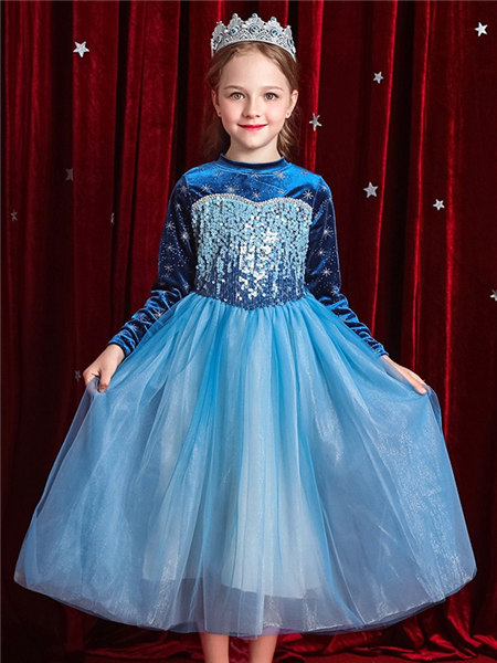 童装品牌2020冬季蓝色艾莎公主风连衣裙