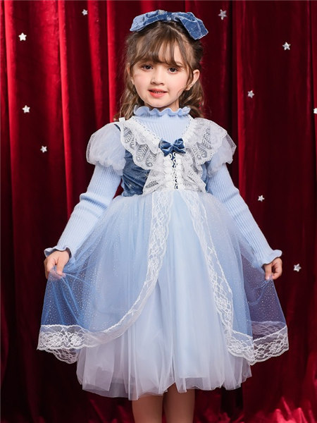 童装品牌2020冬季蓝紫色蕾丝拼接连衣裙